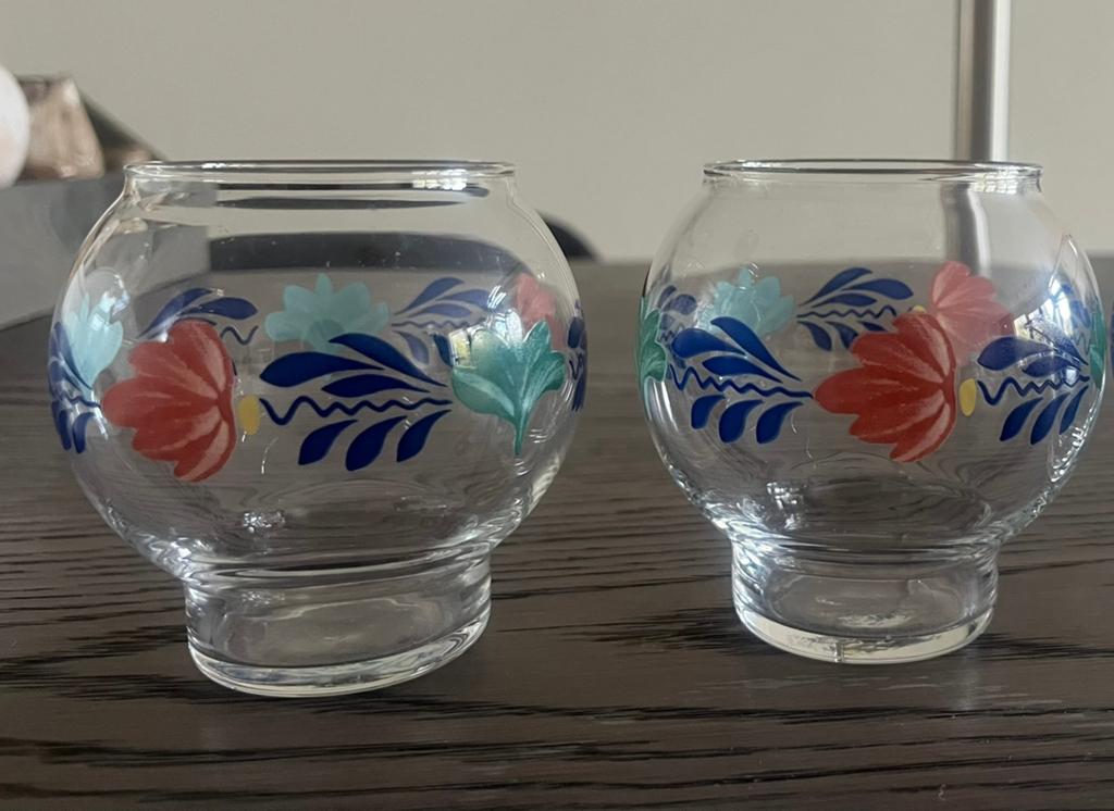 Set  2 glazen boerenbont/boerenbond waxinelichtjes/glaasjes, Huis en Inrichting, Keuken | Servies, Glas of Glazen, Ophalen of Verzenden