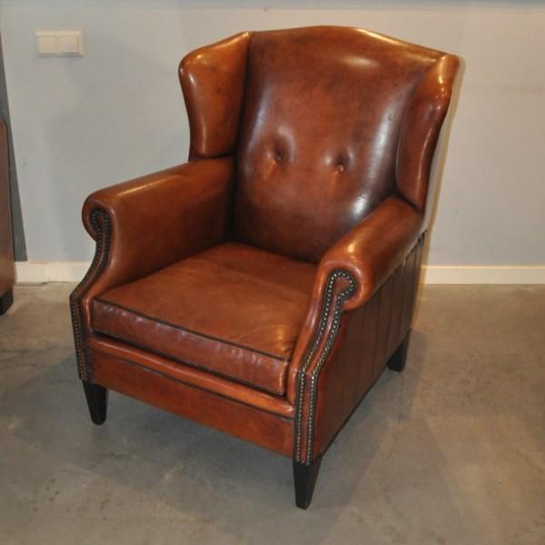 Schapenleren oorfauteuil, Gebruikt, Ophalen of Verzenden, 75 tot 100 cm, Leer