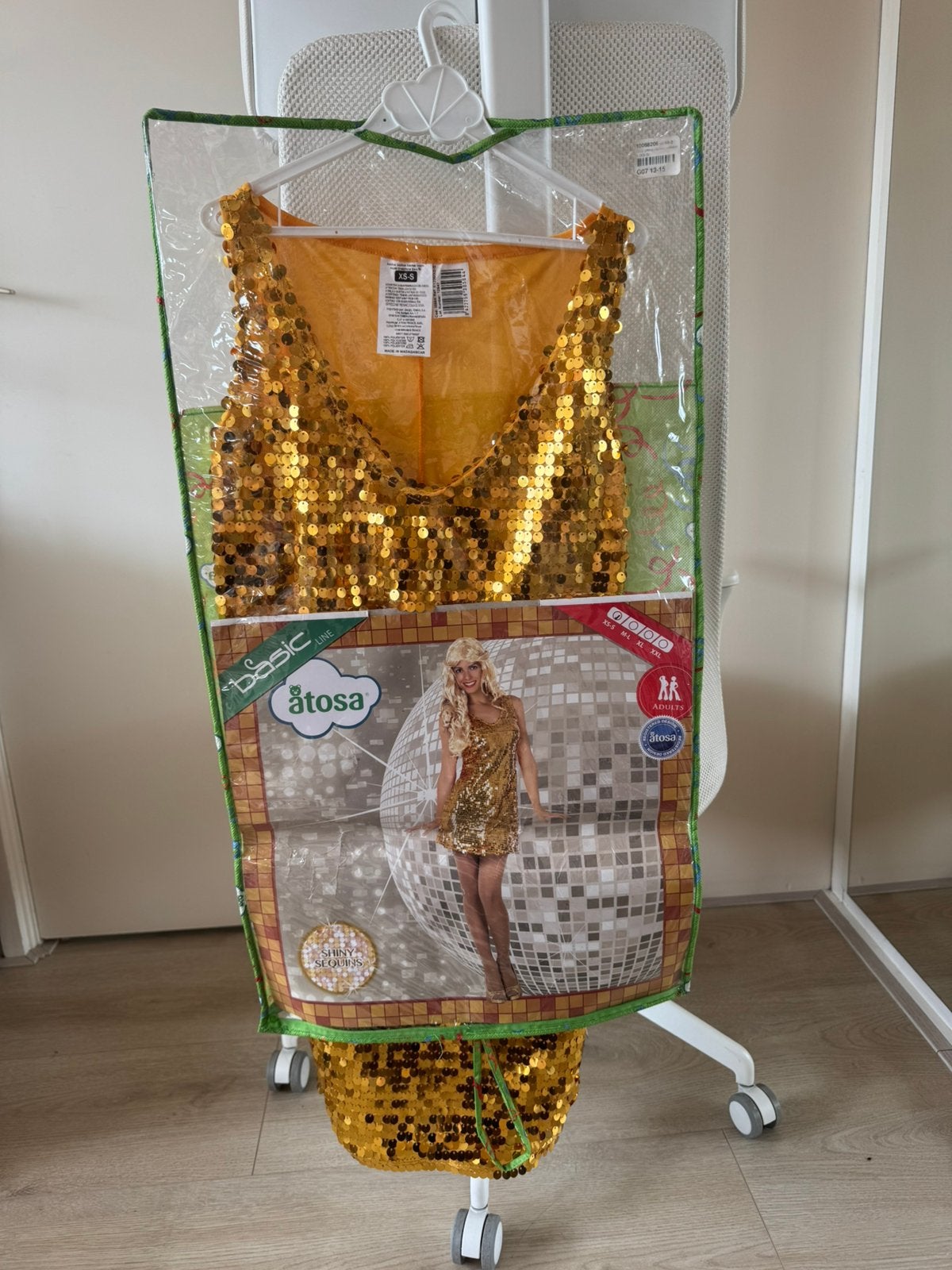 Glitterjurk goud glitterkostuum Atosa met gouden oogmasker, Ophalen of Verzenden, Maat 36 (S), Overige thema's, Zo goed als nieuw