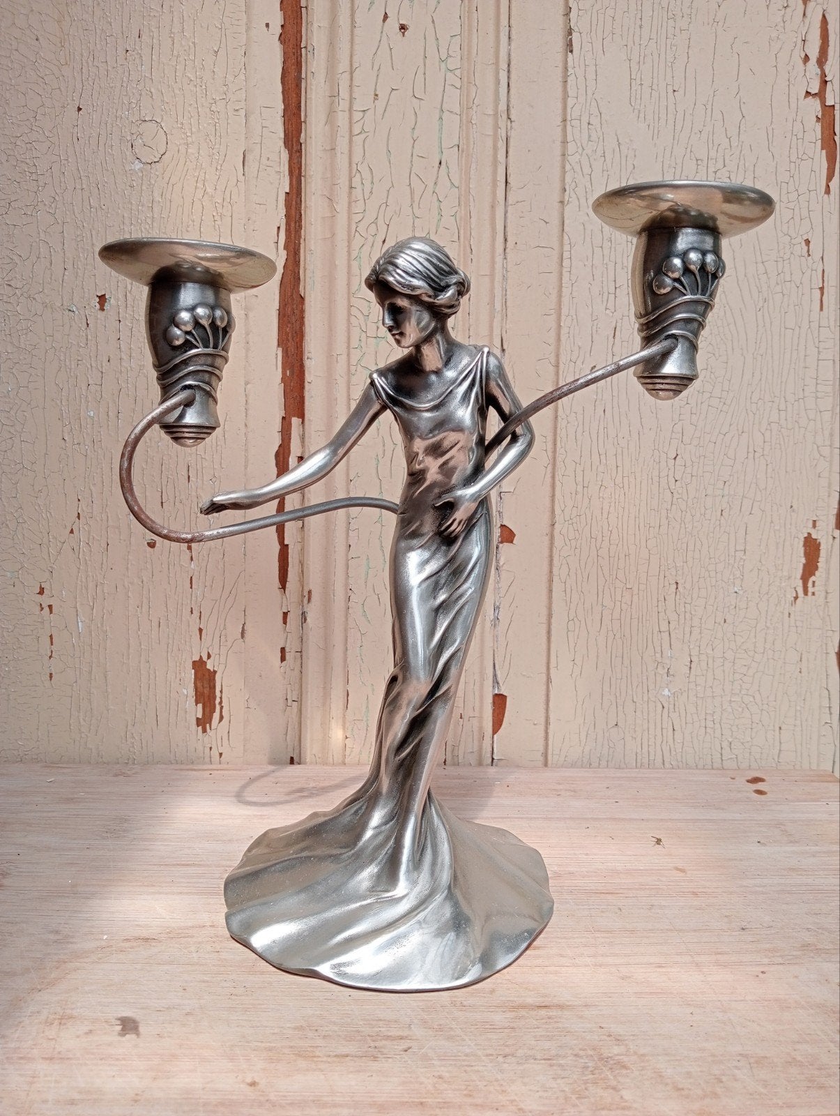 Art Nouveau Stijl Kandelaar Vrouw - Gebruikte Staat, Antiek en Kunst, Antiek | Kandelaars, Ophalen of Verzenden