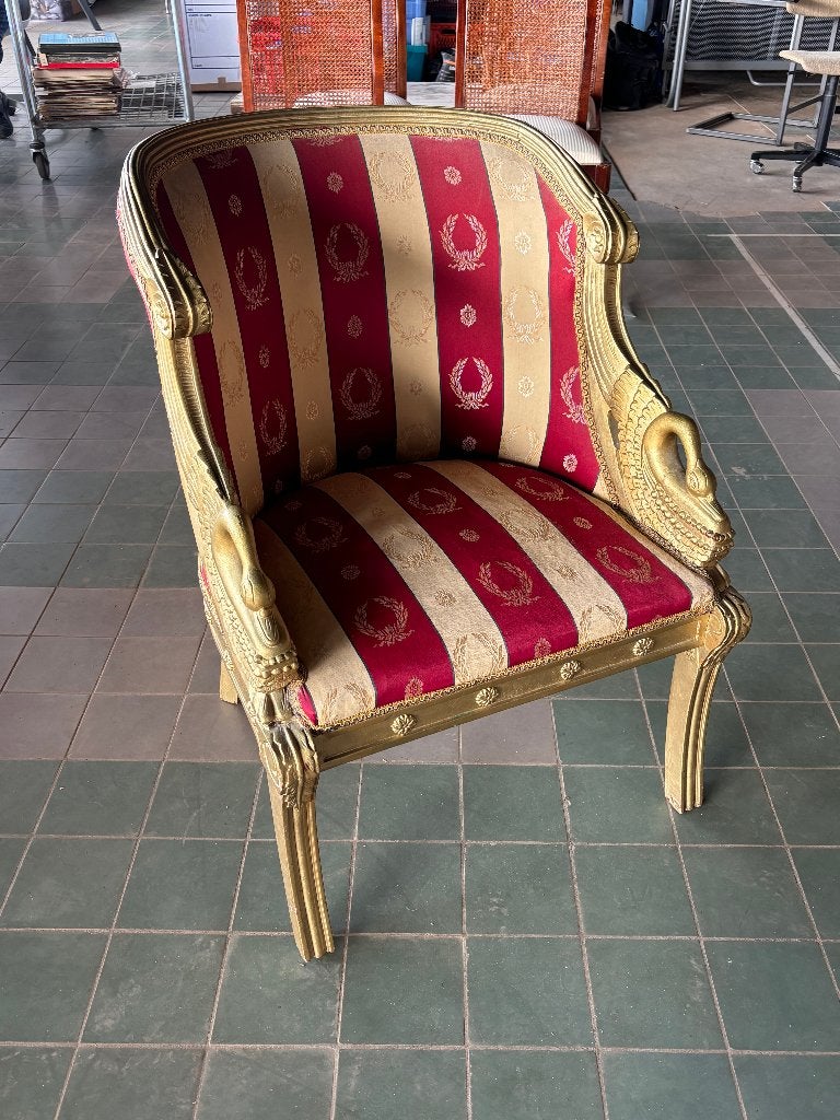 Empire Stijl Fauteuil Goud Zwanenhals Rood Beige  CS26898, Huis en Inrichting, Ophalen, Hout, Gebruikt, 50 tot 75 cm