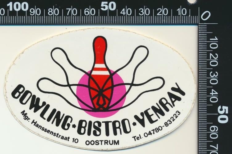 Sticker: Bowling Bistro Venray - Oostrum (1), Verzamelen, Ophalen of Verzenden, Zo goed als nieuw, Bedrijf of Vereniging