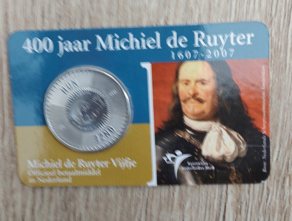 400 jaar Michiel de Ruyter    zilveren vijfje, Koningin Beatrix, Zilver, Euro's, Ophalen of Verzenden