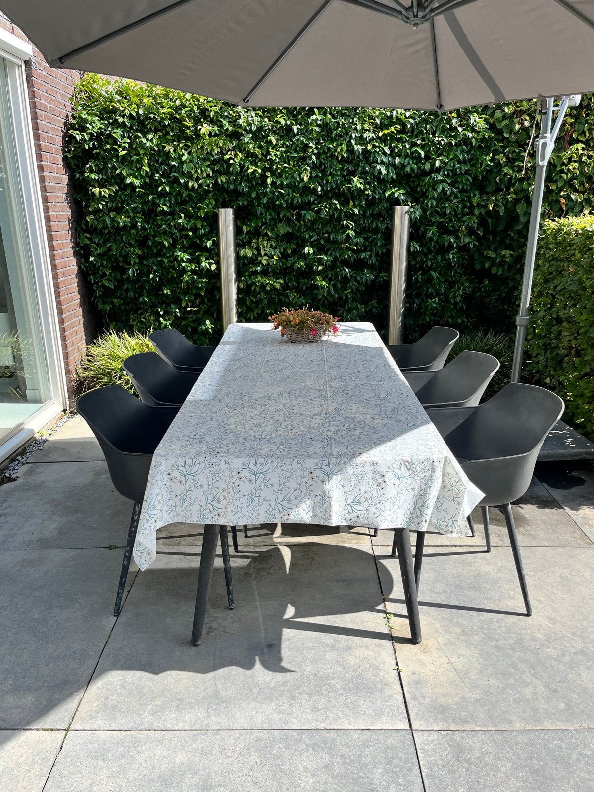 Tuinset: glazen tafel en 6 stoelen inclusief kussens, Ophalen, Gebruikt, Eettafel, 6 zitplaatsen