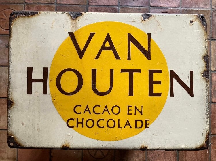 Emaille reclame bord van houten cacao en chocolade, Ophalen, Gebruikt, Reclamebord
