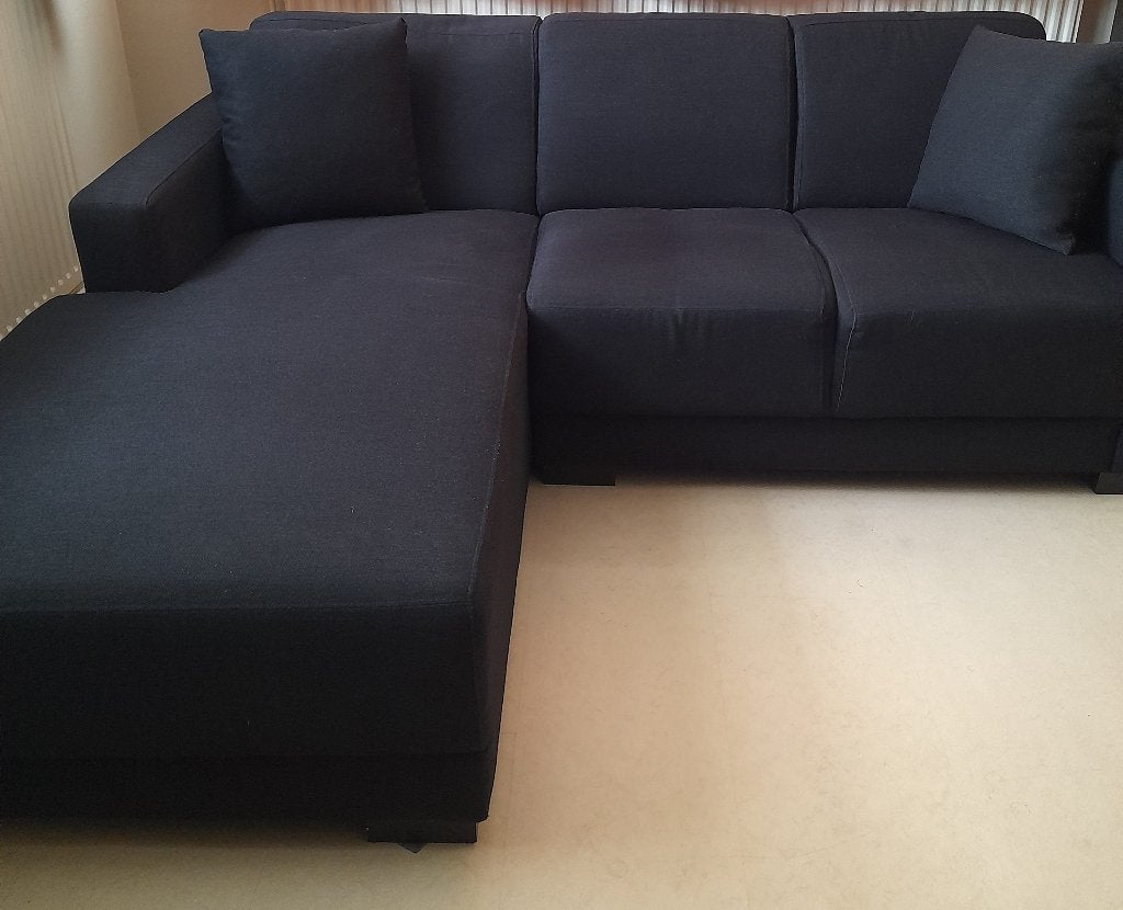 Zwarte stoffen hoekbank met chaise longue, Ophalen, Gebruikt, 150 tot 200 cm, Hoekbank
