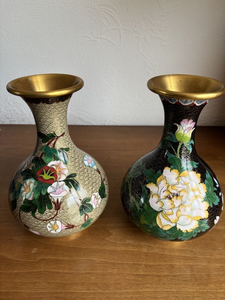 Set van 2 Vintage Chinese Cloisonné Vazen (21 cm), Antiek en Kunst, Ophalen of Verzenden