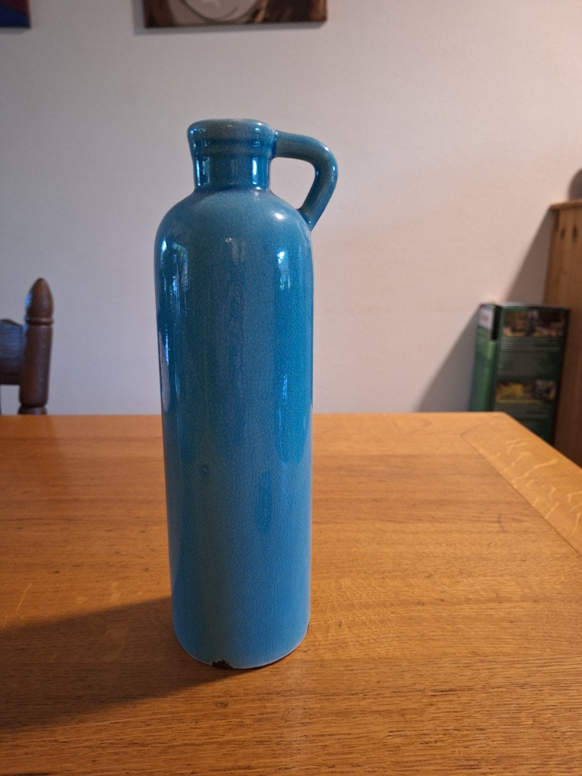 Vintage petrol / turquoise keramische fles / vaas met oor, 31 cm, Overige kleuren, Ophalen of Verzenden, Zo goed als nieuw
