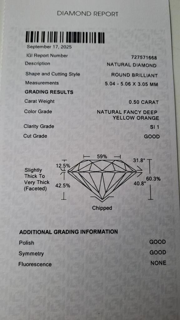 0.50 ct Fancy Deep Yell/Orange Diamant (IGI) kleur zeldzaam, Ophalen of Verzenden, Nieuw