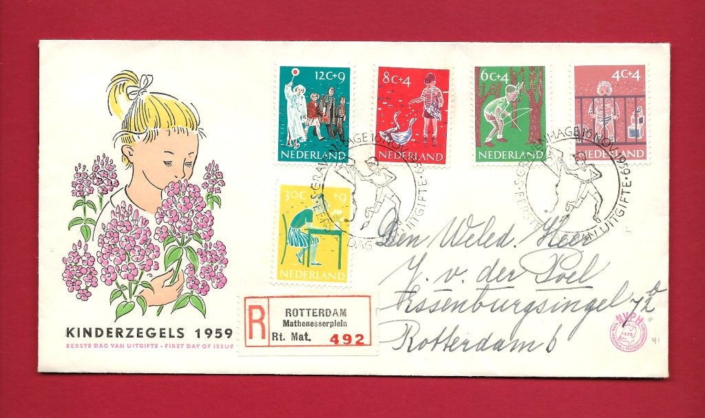 1959 Kinderzegels FDC E41 met open klep e1, Verzenden, Beschreven, Nederland