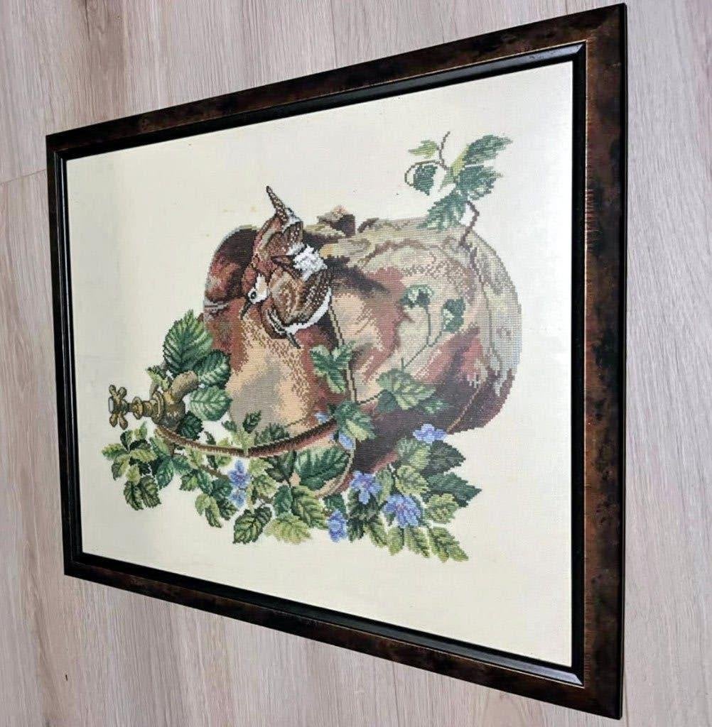 Geborduurd schilderij in bronskleurige lijst., Ophalen, Hout