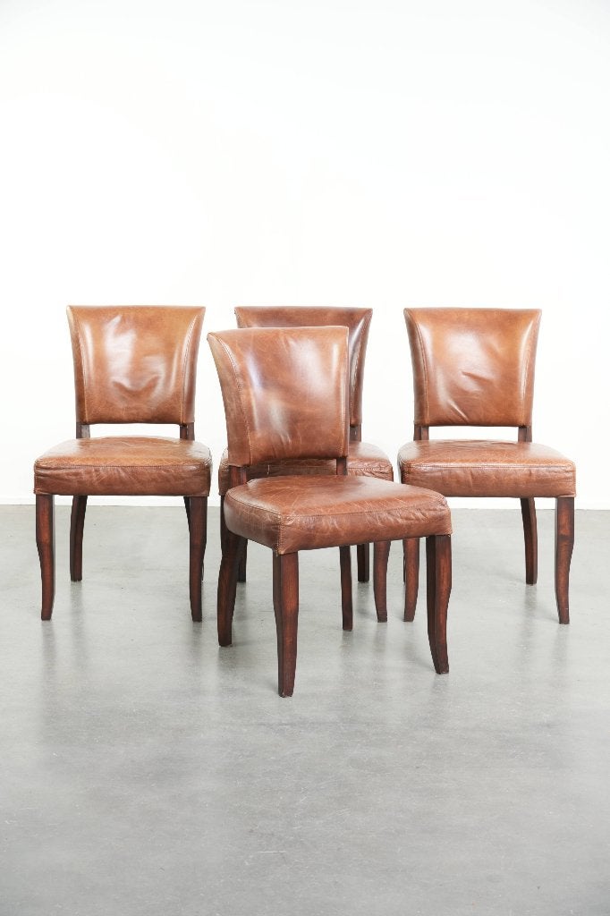 Set van 4 generfde cognac kleurige rundleren eetkamerstoelen, Huis en Inrichting, Stoelen, Ophalen, Gebruikt, Bruin, Leer