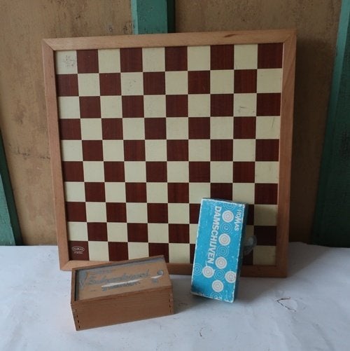 Schaakbord Homas dambord met stukken hout origineel 43 x 43, Ophalen of Verzenden, Gebruikt, Homas