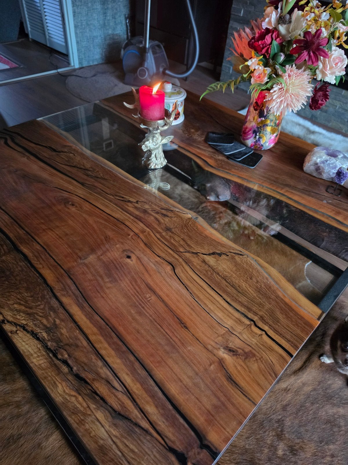 Zware salontafel met ingelegde glasplaat - 110x110 cm, Gebruikt, Vierkant, Ophalen of Verzenden, 5 – 50