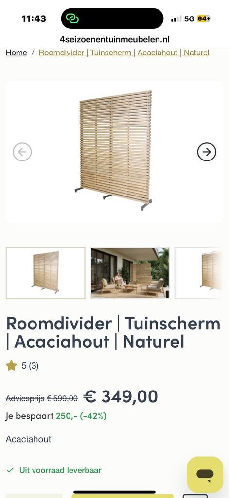 Houten Roomdivider/Tuinscherm van Acaciahout - Naturel, Ophalen, Zo goed als nieuw