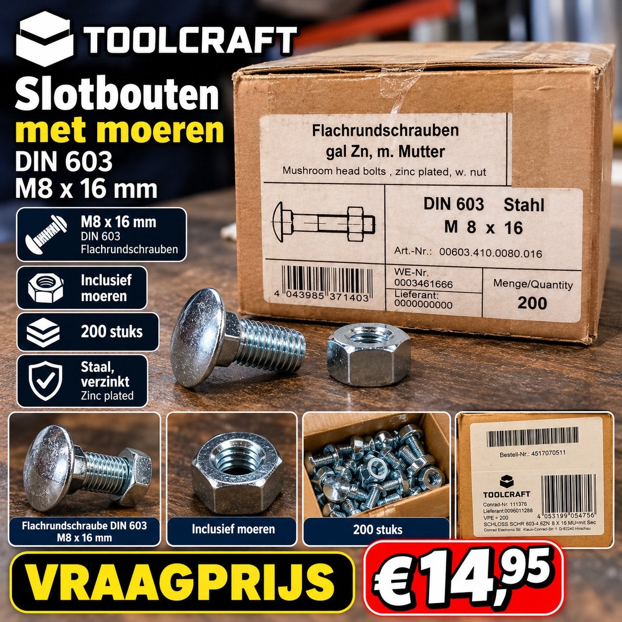 TOOLCRAFT Slotbouten met moeren M8 x 16 mm, 200 stuks, Ophalen of Verzenden, Nieuw, Minder dan 50 mm, Bouten of Moeren