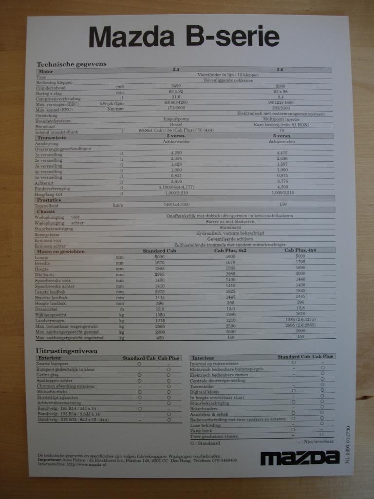 Mazda B-Serie Technische Specificatie Brochure 1997 Pick-up, Mazda, Ophalen of Verzenden, Zo goed als nieuw, Mazda