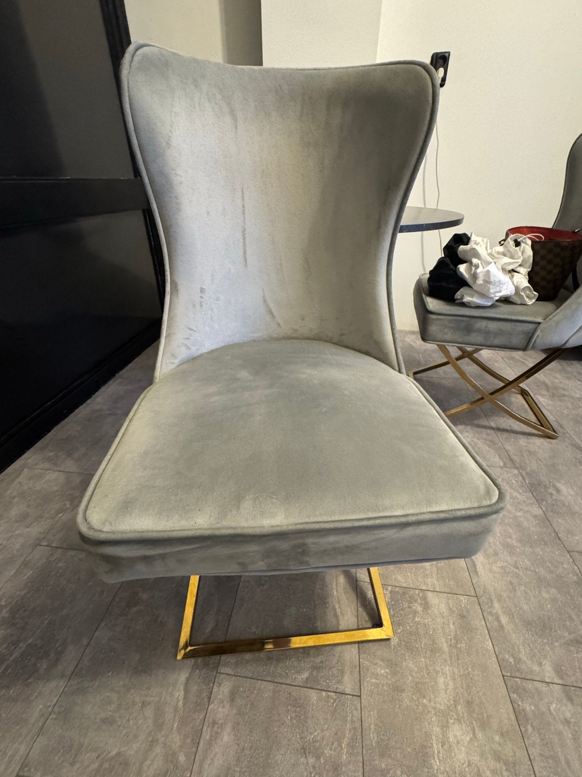 Luxe Eetkamerstoelen - Set van 2 - Grijs Fluweel met Goud, Ophalen, Twee, Zo goed als nieuw, Stof