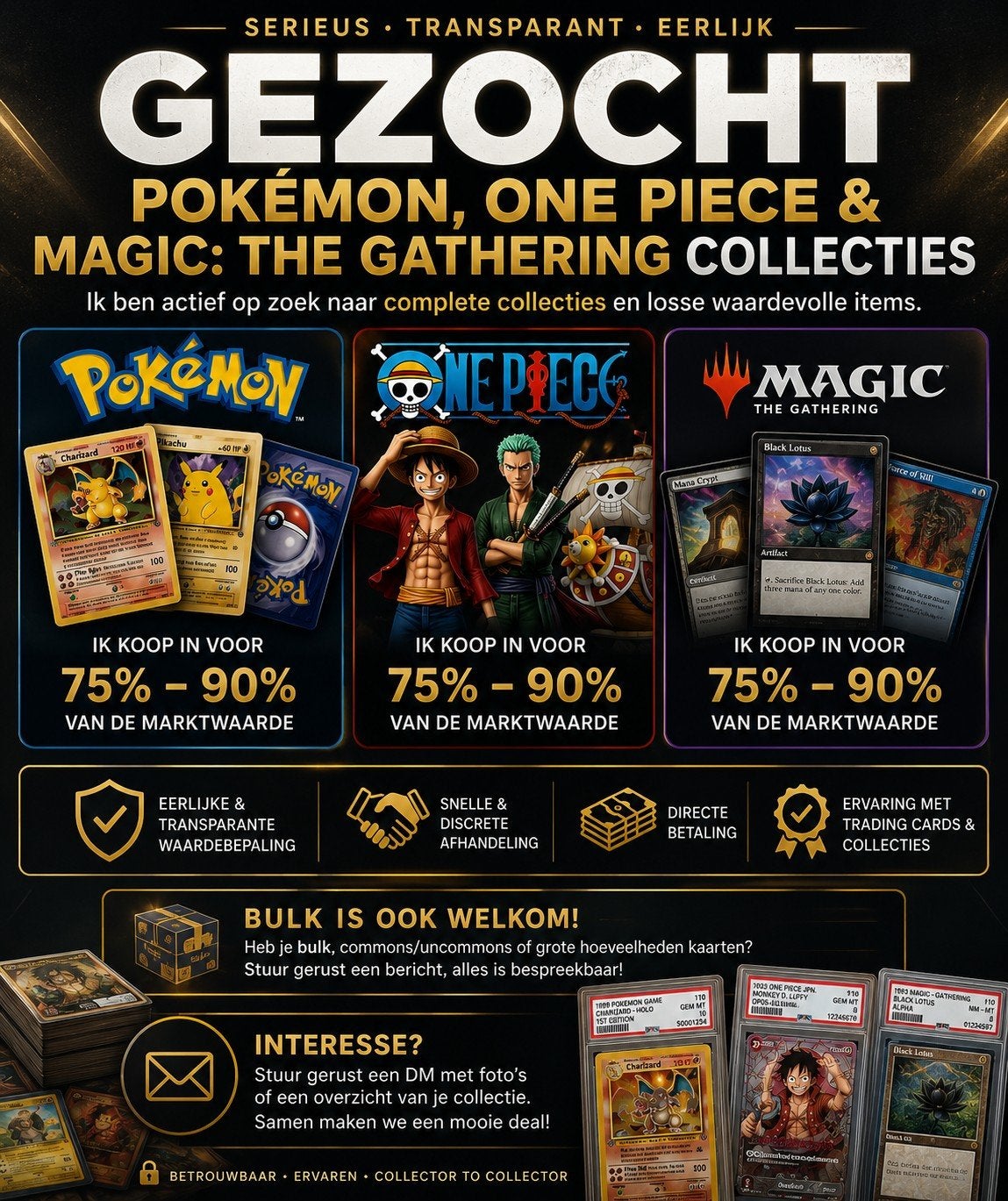 GEZOCHT: Pokémon, One Piece & Magic: The Gathering collectie, Ophalen of Verzenden