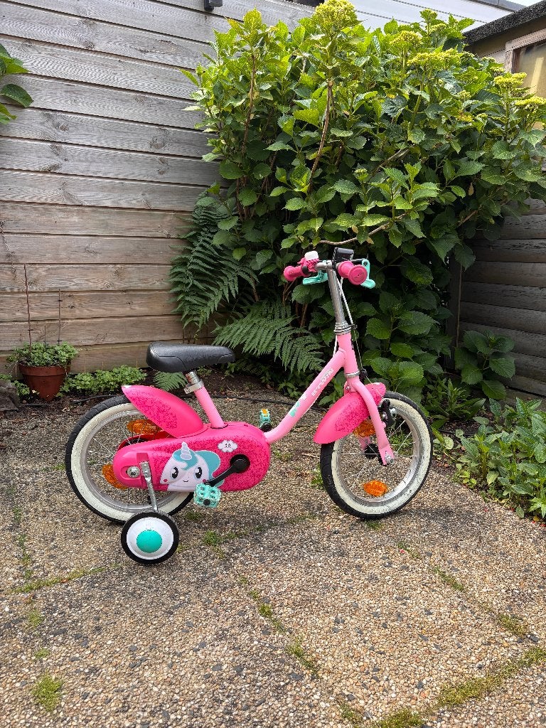 Roze BTWIN meisjesfiets inclusief zijwieltjes (14 inch), Ophalen, Zijwieltjes, Gebruikt, Minder dan 16 inch