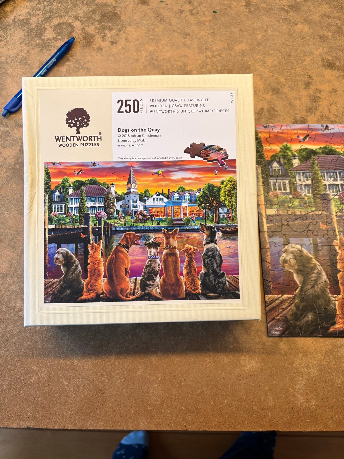 Wentworth houten puzzel 250 stukjes - Dogs on the Quay, Ophalen of Verzenden, Minder dan 500 stukjes, Zo goed als nieuw, Legpuzzel