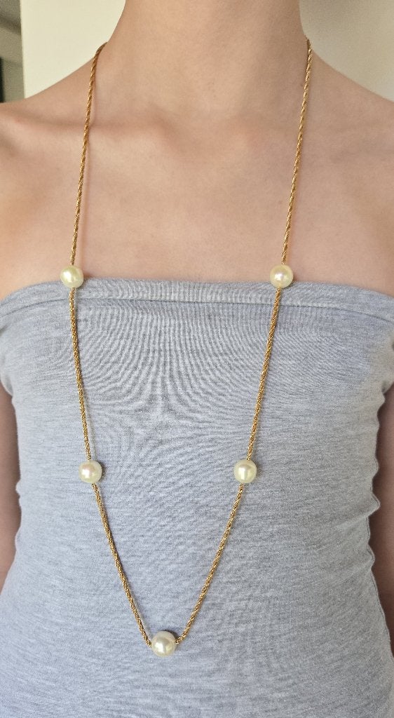 Vintage Grossé Sautoir ketting Chanel stijl met parels 88cm, Ophalen of Verzenden, Zo goed als nieuw, Goud, Overige materialen