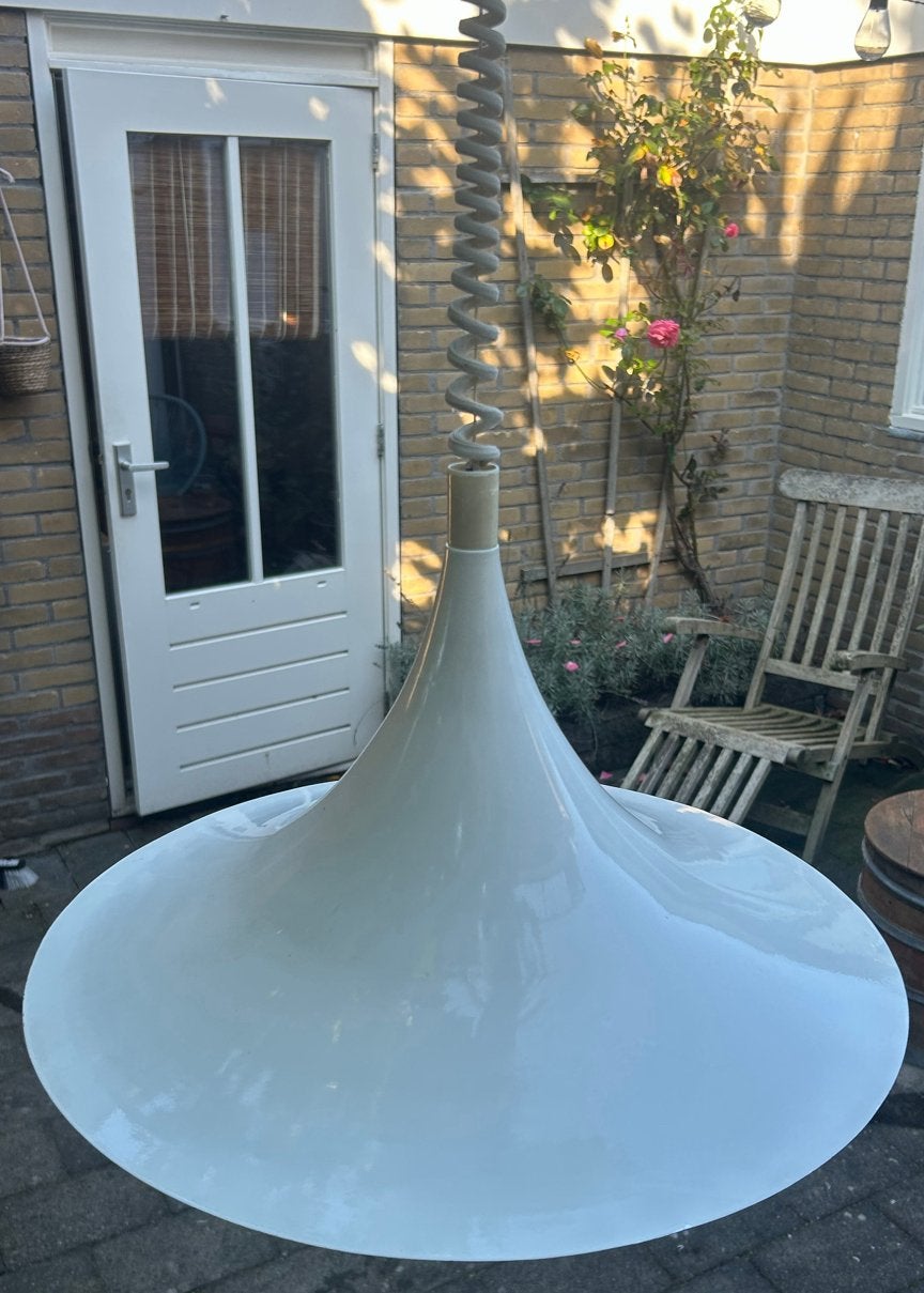Vintage Witte Hanglamp met Trekpendel - Jaren '70 Design, Ophalen of Verzenden, Gebruikt, Metaal, E27 (groot)
