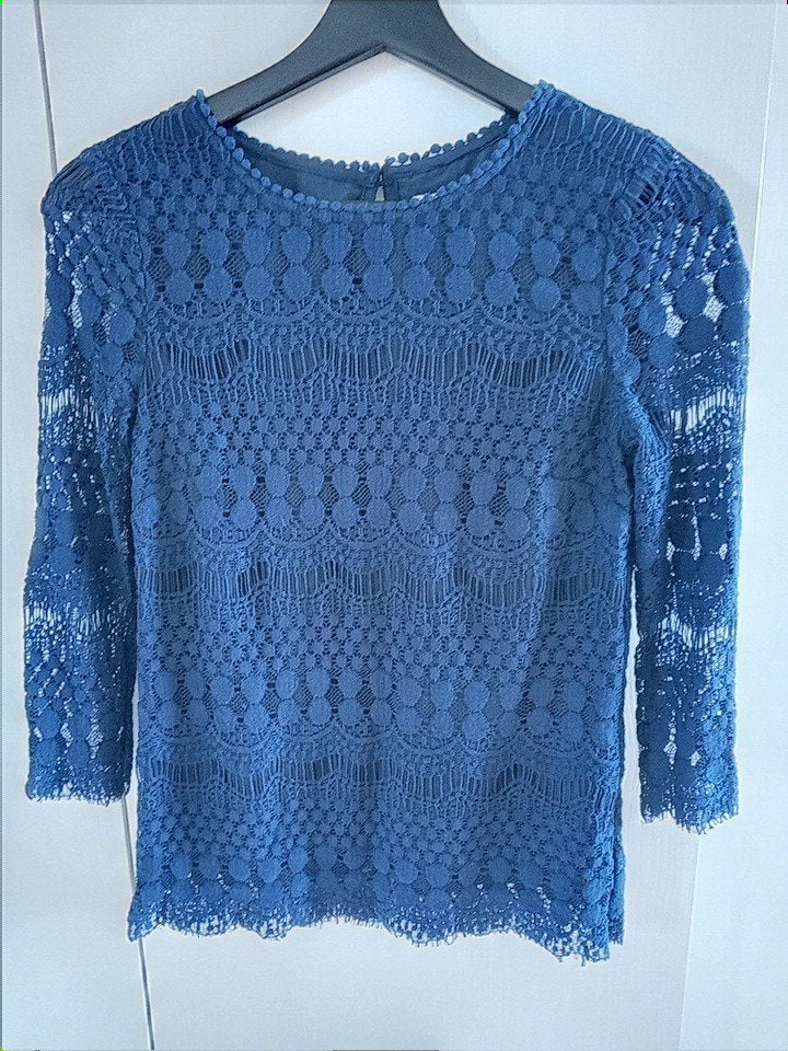 34/36 Mooie top kant donkerblauw gevoerd katoen viscose nylo, Blauw, Ophalen of Verzenden, Zo goed als nieuw, Lange mouw