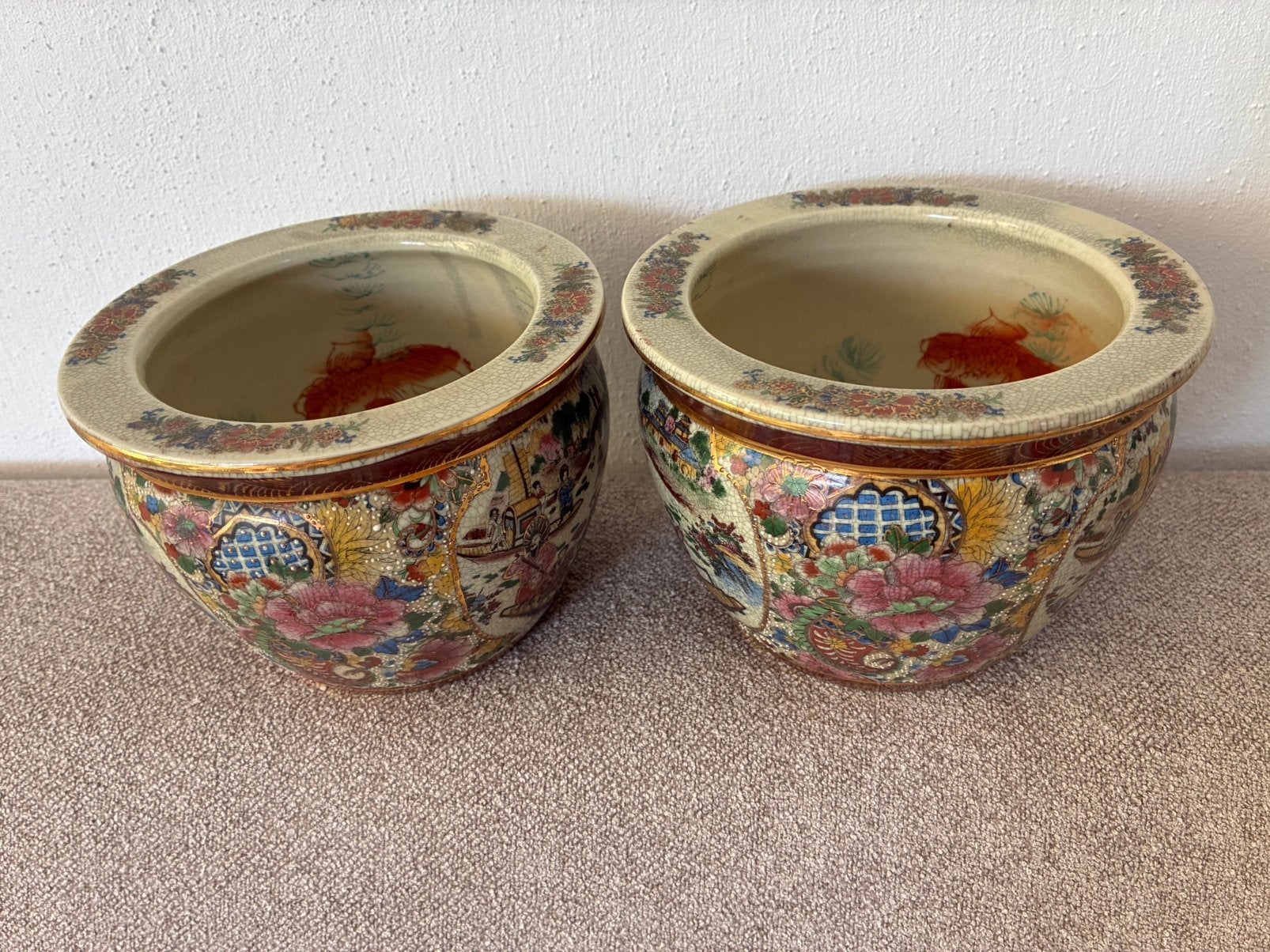 Oude Chinese bloempotten/cachepot Koi Karpers, Tuin en Terras, Bloempotten, Ophalen, Gebruikt