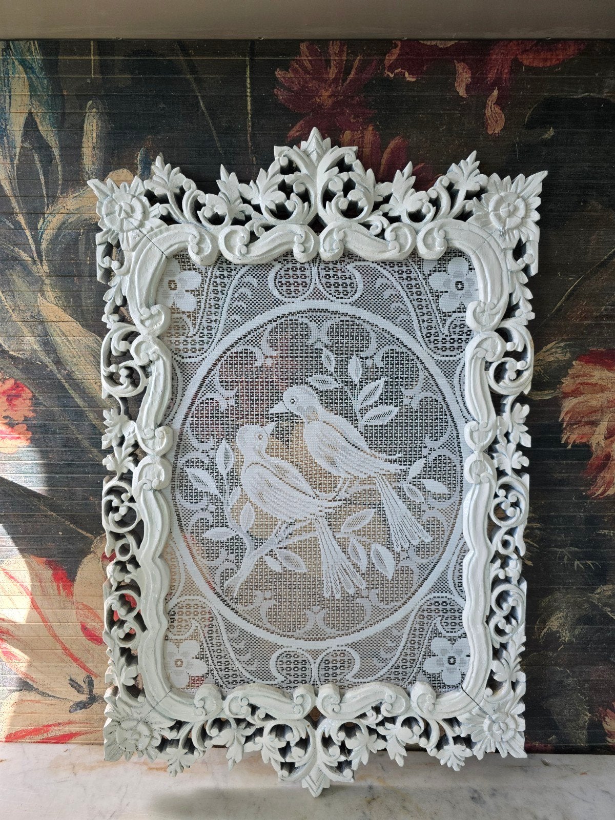Oude wit brocante houten lijst vitrage vogels, Ophalen of Verzenden