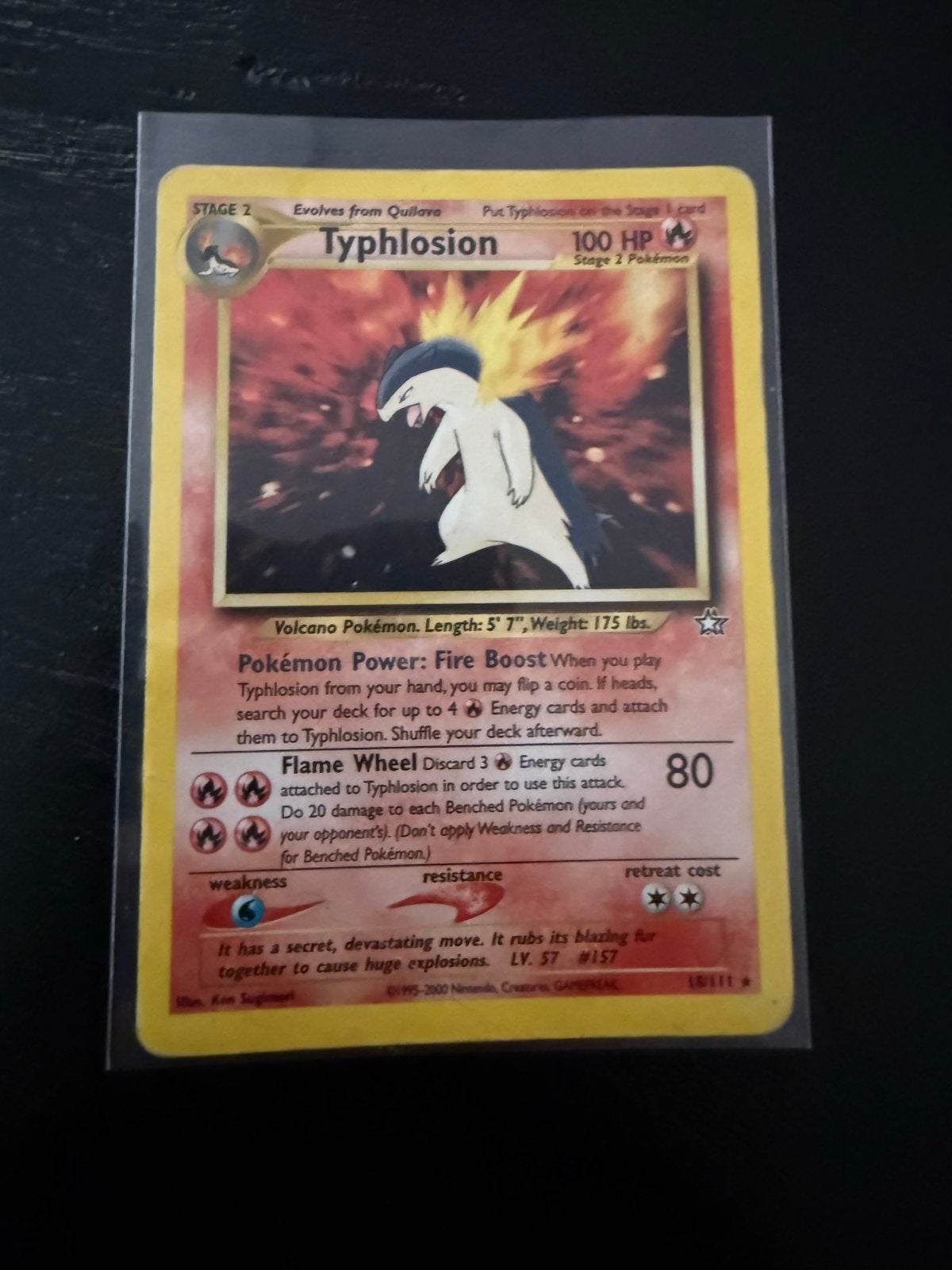 Typhlosion Holographic 18/111 Neo Genesis Pokémon Kaart, Ophalen of Verzenden, Gebruikt, Losse kaart, Foil