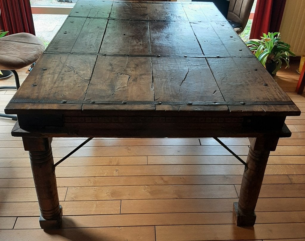 Eettafel, antieke 'stamtafel', teakhout., Ophalen, Sfeervol antiek, oude 'stamtafel', Gebruikt, 100 tot 150 cm