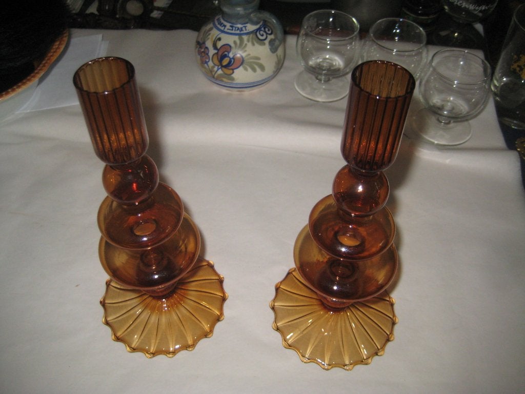 2 stuks design  amber glazen kandelaars, Ophalen of Verzenden