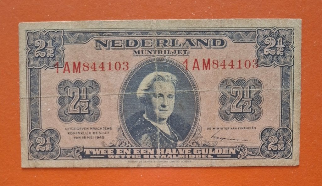 Biljet 2,5 gld. 1945, 1 cijfer,2 letters,5 mm, cat. PL16.c1, Verzenden, 2½ gulden, Los biljet
