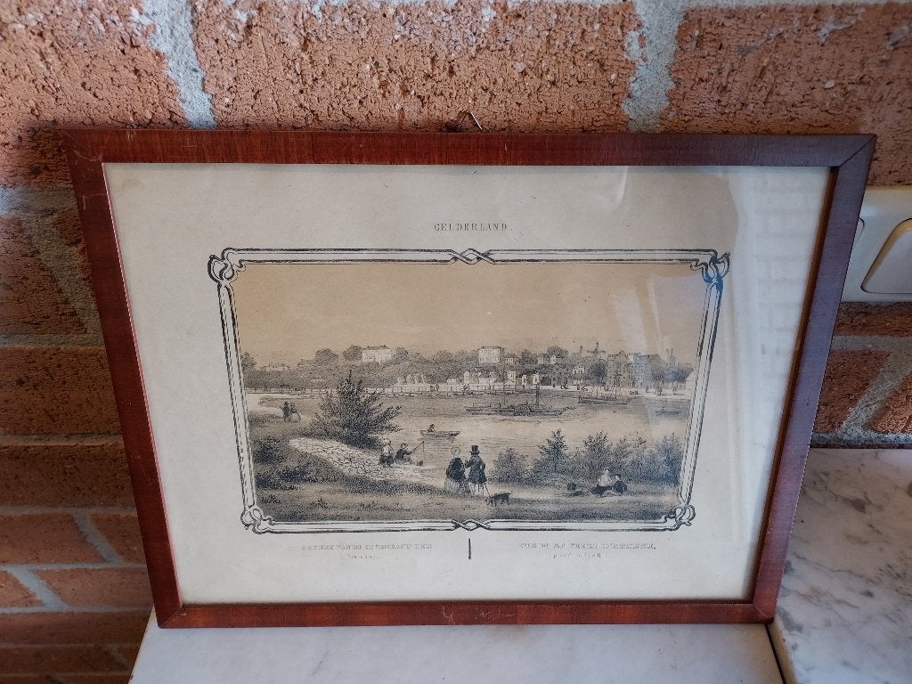 Antieke gravure gezicht op Arnhem vanaf de Rijn., Ingelijst, Verzenden, Landschap, 40 cm