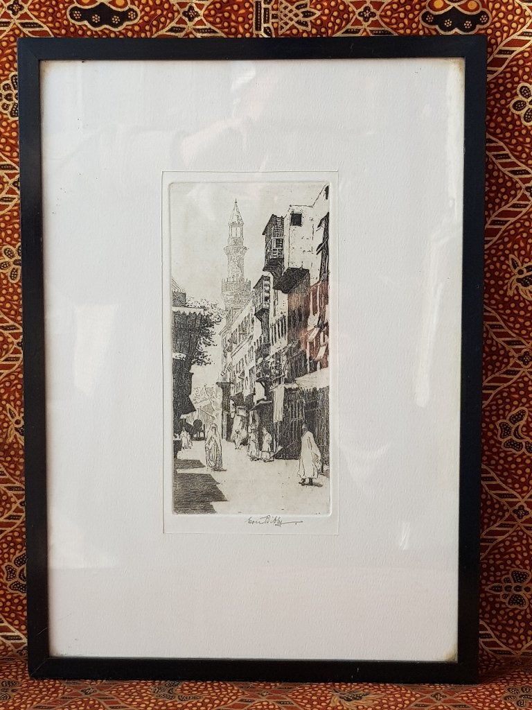 Mooie originele antieke ingelijste ets uit Engeland 37 cm., Gesigneerd, 1800 - 1899, Ets, Stadsgezicht