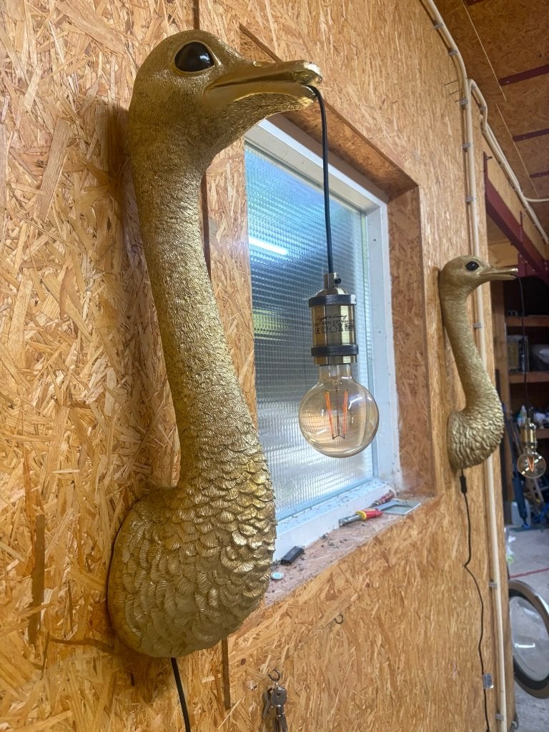 Struisvogel wandlamp (2), Ophalen, Kunststof, Nieuw, Goud