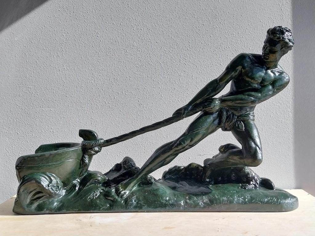 Groot Art Deco beeld man met boot gesigneerd Cipriani, Ophalen, Art deco, 50 - 100 cm, Zwart
