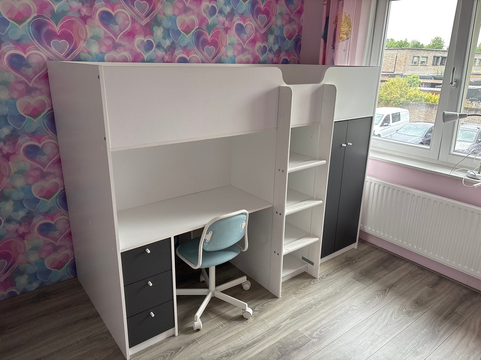 Hoogslaper Trilum met bureau, kast en matras, Huis en Inrichting, Slaapkamer | Stapelbedden en Hoogslapers, Ophalen, Gebruikt
