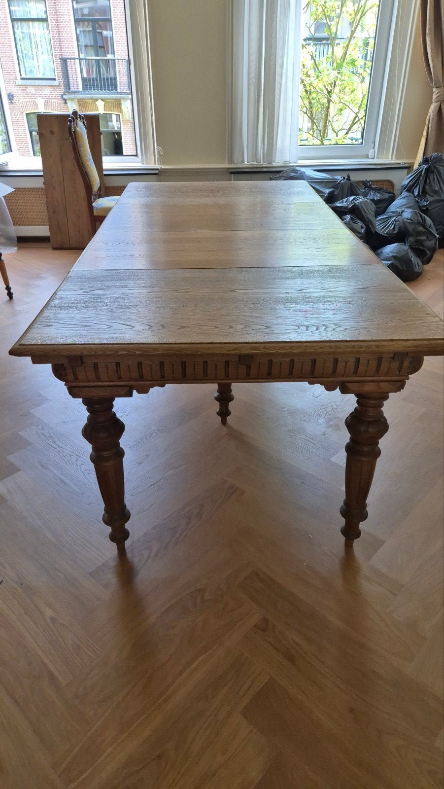Antieke uitschuiftafel, 104x123cm, uitschuifbaar tot 3.5m, Ophalen of Verzenden