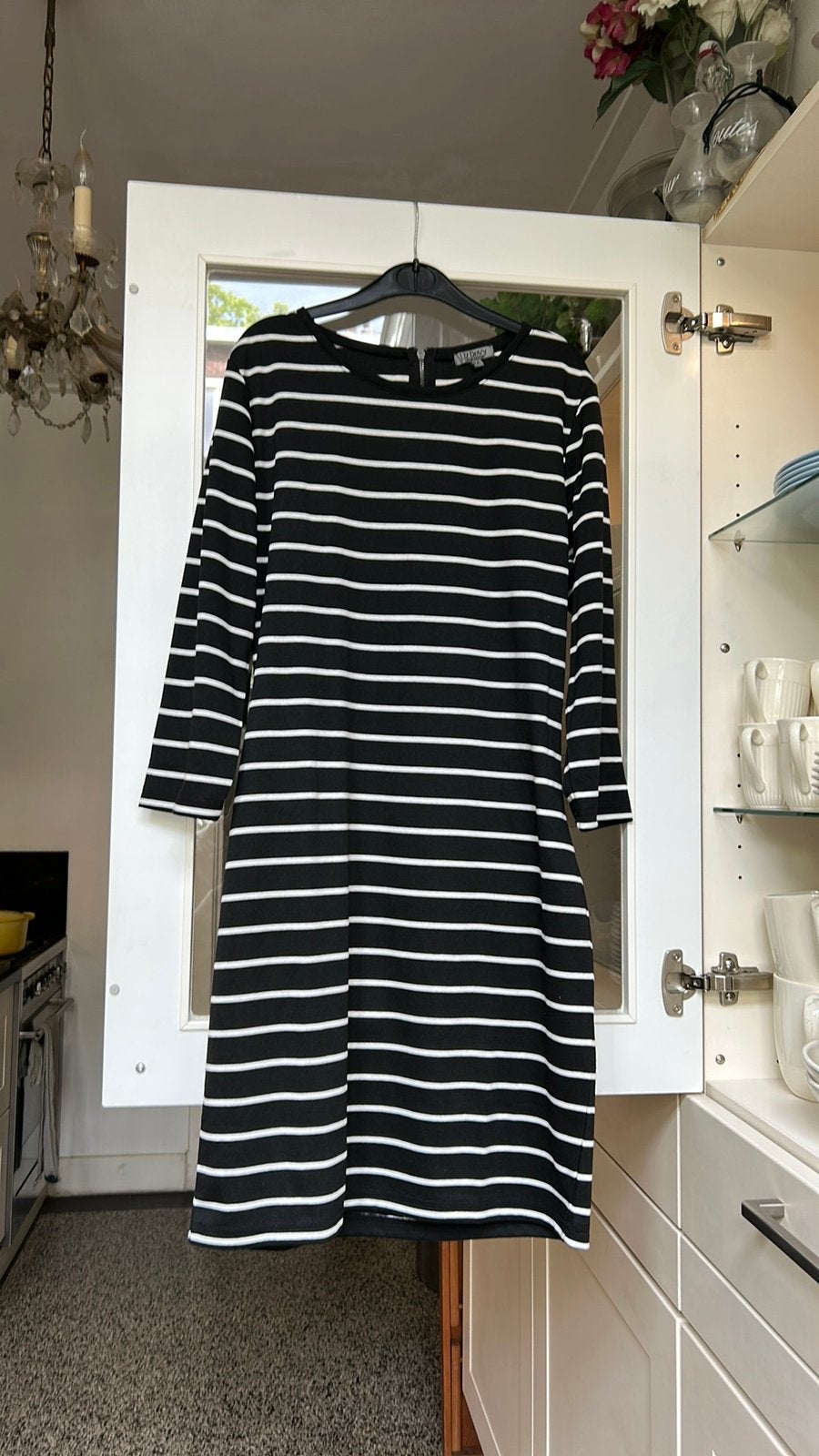 NIEUWE zwarte Bretonse jurk met witte streep, 3/4 mouw mt M, Maat 38/40 (M), Zwart, Nieuw, Ophalen of Verzenden