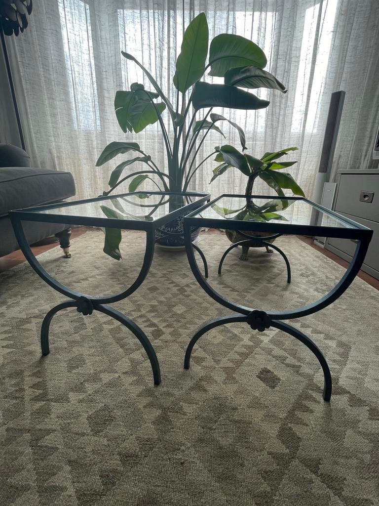 Vintage set metalen bijzettafels, glasplaat, Minder dan 45 cm, Gebruikt, Mid century, Metaal of Aluminium