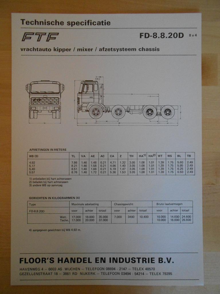 FTF 8x4 ca 1985 Technische Specificatie Brochure, FTF, Ophalen of Verzenden, Zo goed als nieuw, Overige merken