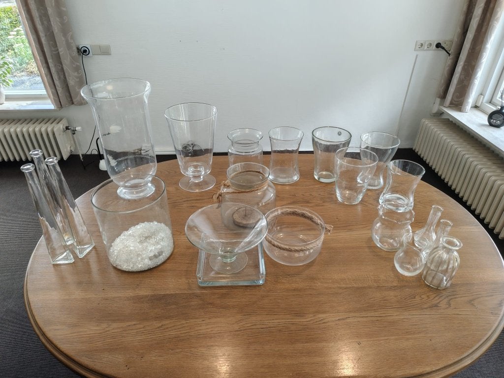 Partij van 20 glazen vazen in diverse formaten, Ophalen, Zo goed als nieuw, Transparant, Glas