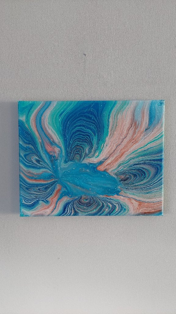 Abstract schilderij blauw en roze op canvas 30 x 25 cm, Ophalen