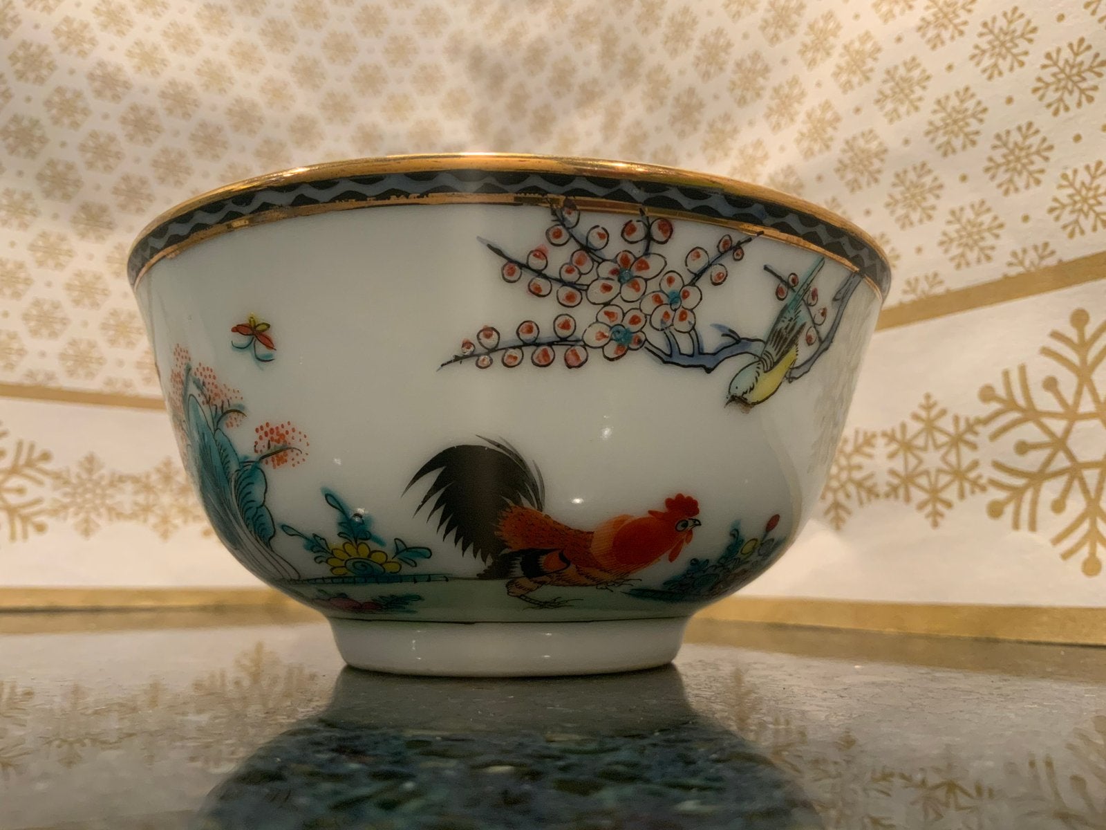Antieke Chinese kom met lepel - haan en bloesem decor, Ophalen of Verzenden