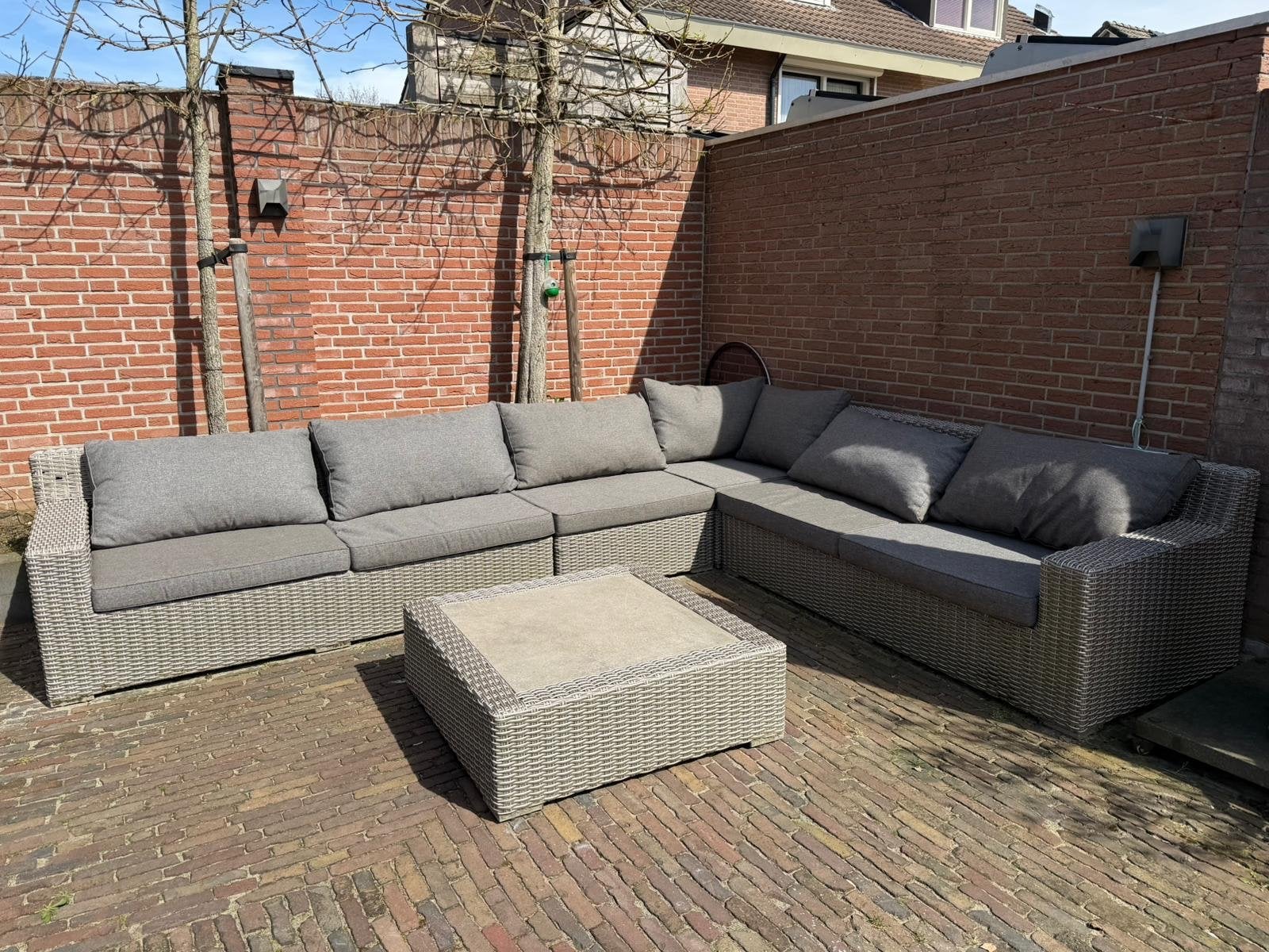 Grote Wicker Loungeset met Salontafel - Grijs, Ophalen, Gebruikt, Meer dan 8 zitplaatsen, Loungeset