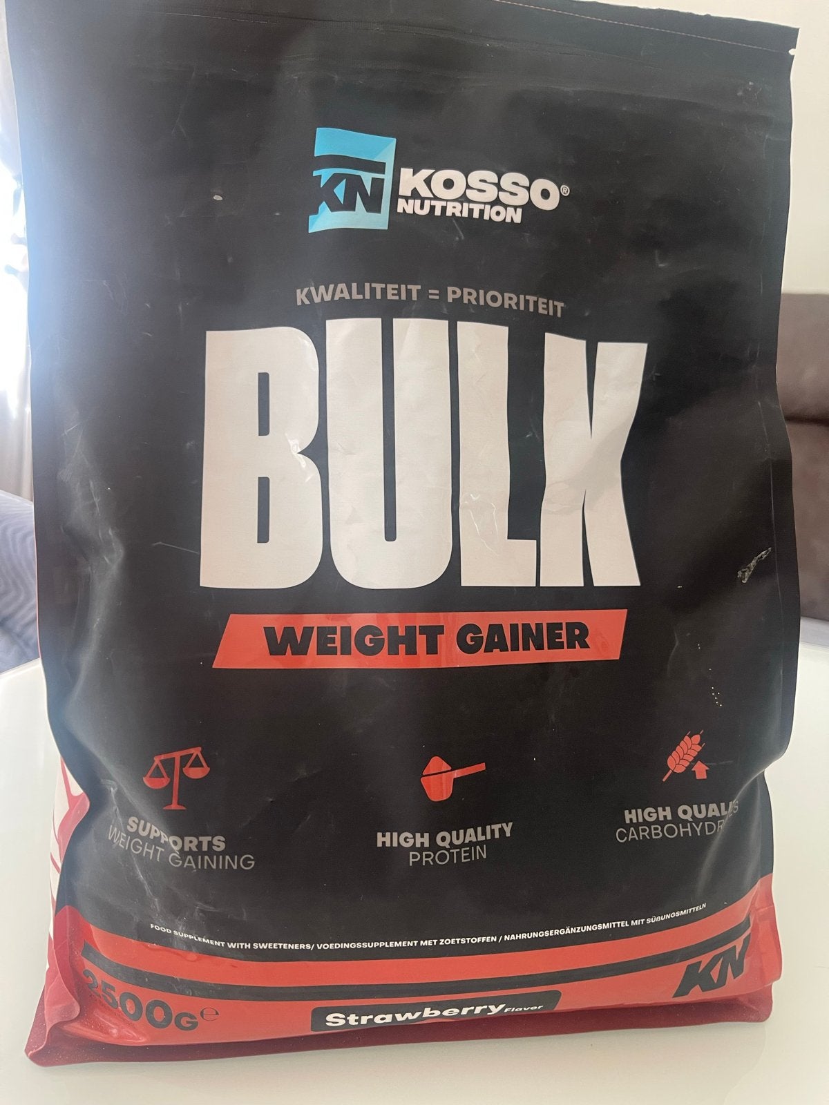 KN Kosso Nutrition Bulk Weight Gainer Aardbei 2243g, Ophalen of Verzenden, Zo goed als nieuw, Poeder of Drank