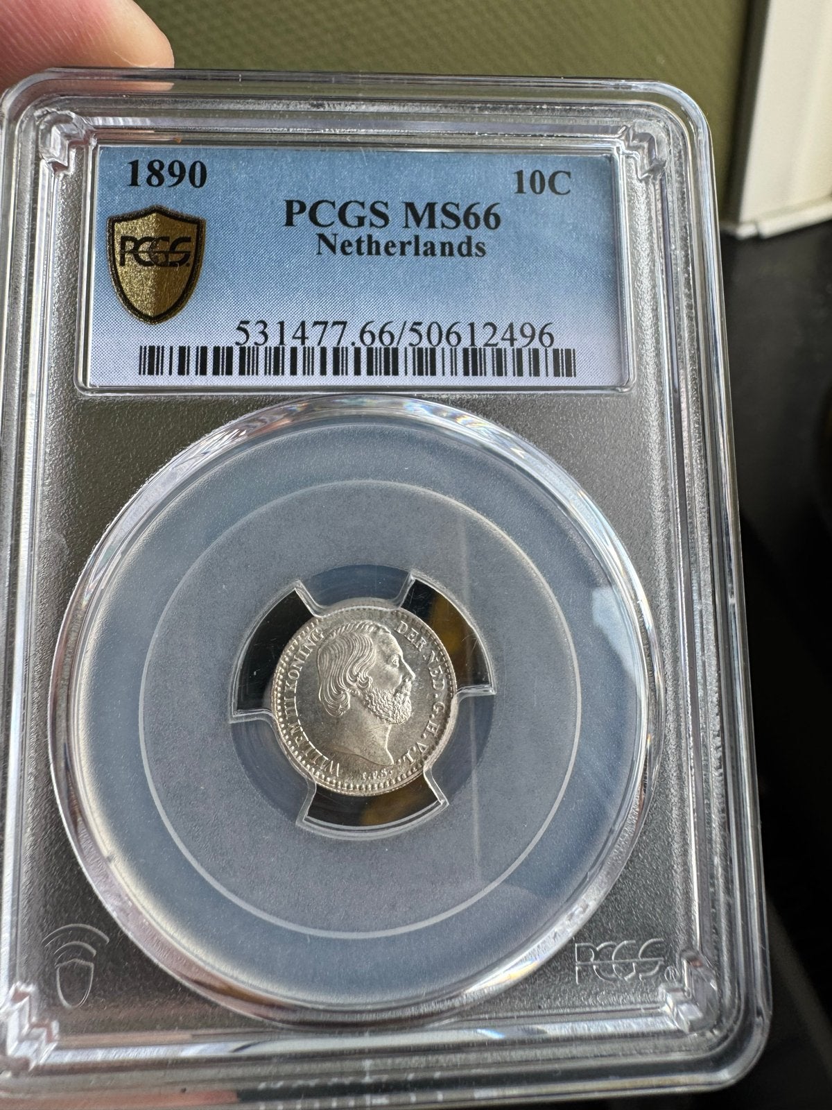 Zilveren 10 cent munt 1890 Koning Willem III PCGS MS66, Koning Willem III, Zilver, Ophalen of Verzenden, 10 cent