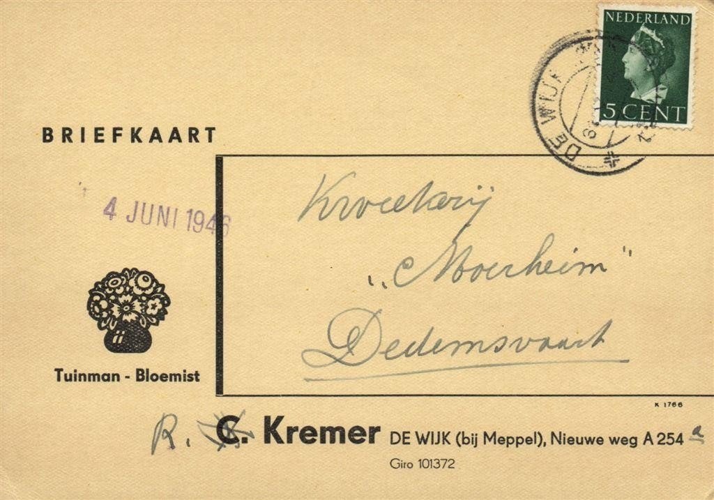 C. Kremer, De Wijk [bij Meppel] - 05.1946 - briefkaart, Ophalen of Verzenden, Briefkaart